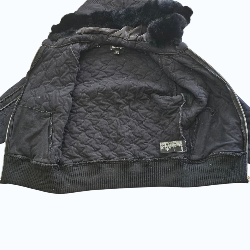 Bebe Sport Y2K Quilted Bomber Jacket Faux Fur Hood Pom Poms Black Womens Small - Picture 4 of 14